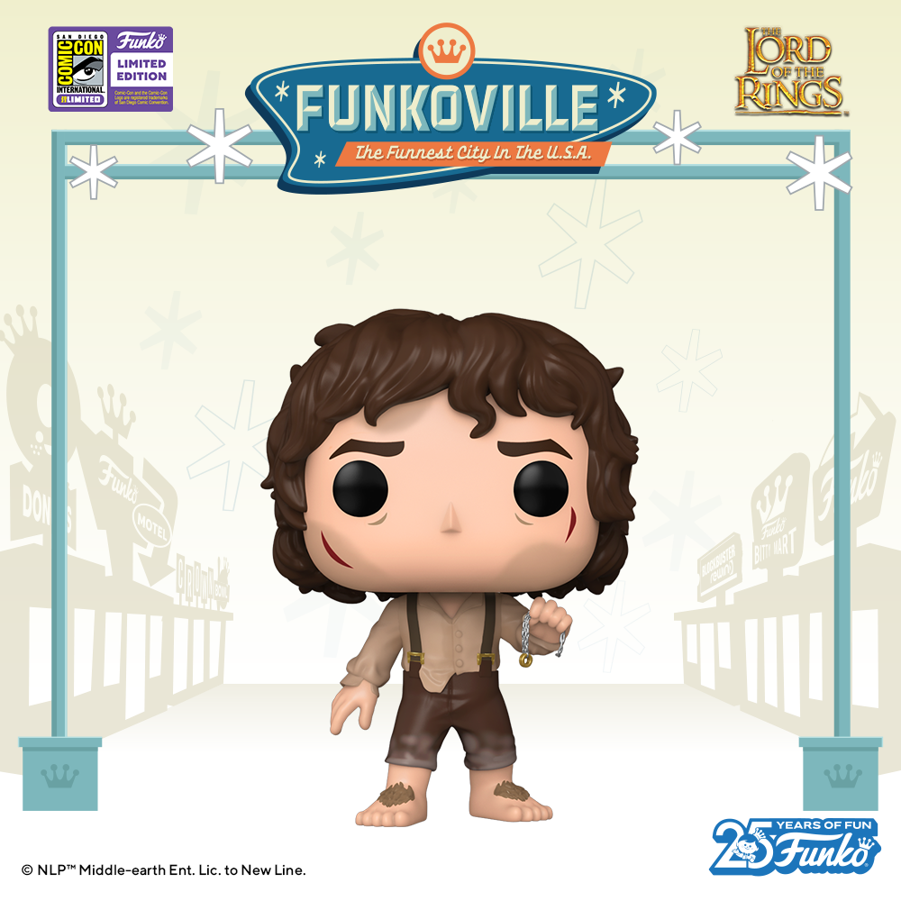 The toll of carrying the One Ring to Mordor is weighing on Pop! Frodo Baggins. Act fast to intercept this 2023 SDCC-exclusive collectible featuring the travel worn hero holding up the One Ring on its chain.